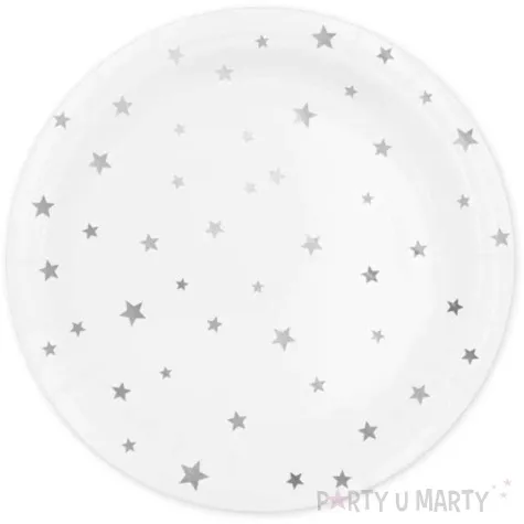 talerzyki papierowe gwiazdki srebrne biale partypal 23 cm 6 szt