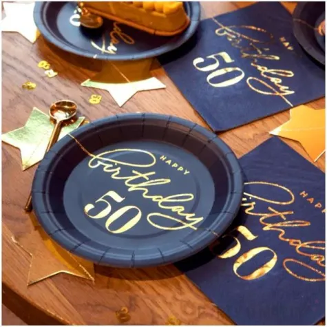 talerzyki papierowe happy birthday 50 granatowy partypal 18 cm 6 szt