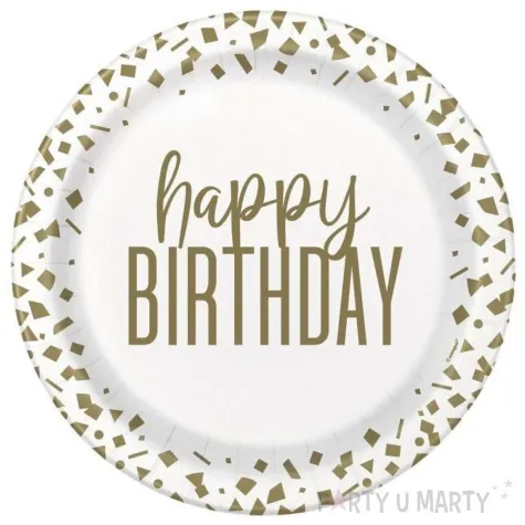 talerzyki papierowe happy birthday konfetti bialy unique 23 cm 8 szt
