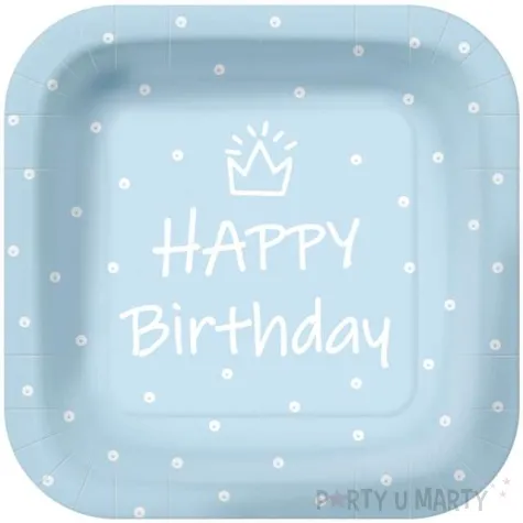 talerzyki papierowe happy birthday kropki blekitne kwadratowe paw 23 x 23 cm 10 szt