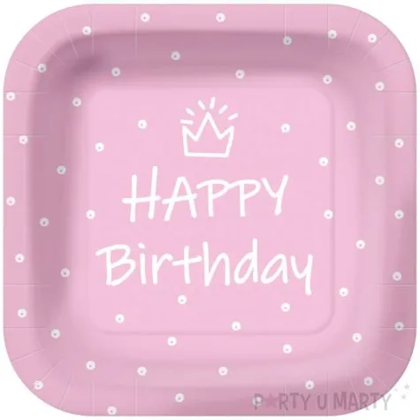 talerzyki papierowe happy birthday kropki rozowe kwadratowe paw 23 x 23 cm 10 szt
