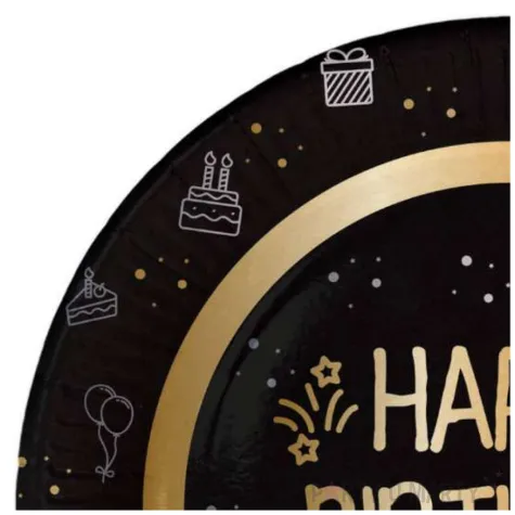 talerzyki papierowe happy birthday shining glam czarno zloty folat 23 cm 8 szt