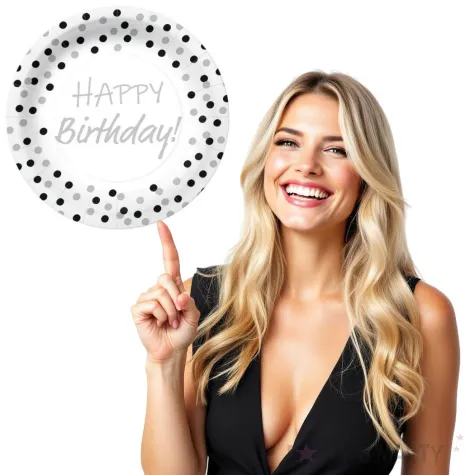 talerzyki papierowe happy birthday srebrne konfetti biale paw 23 cm 10 szt