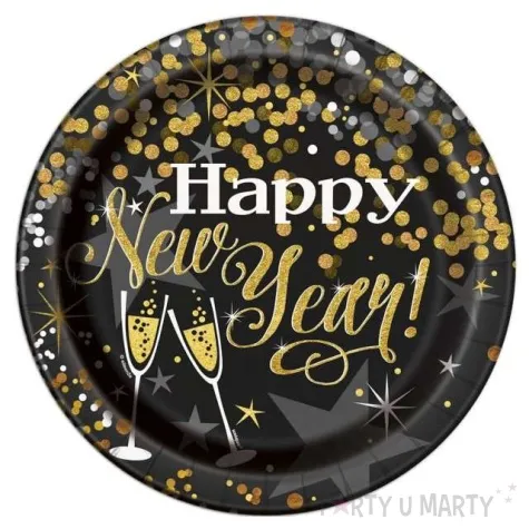 talerzyki papierowe happy new year czarne unique 18 cm 8 szt