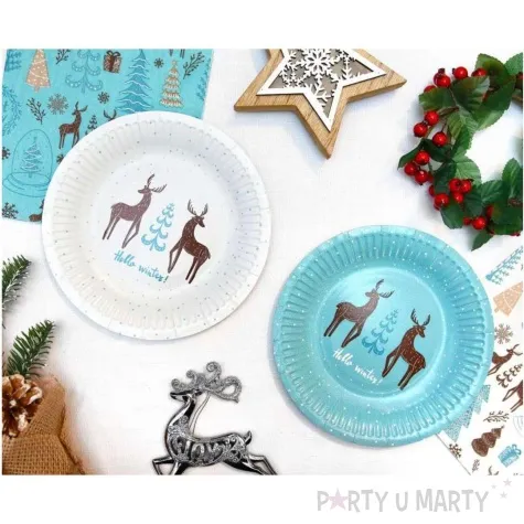 talerzyki papierowe hello winter swiateczne renifery niebieski jasny godan 18 cm 6 szt