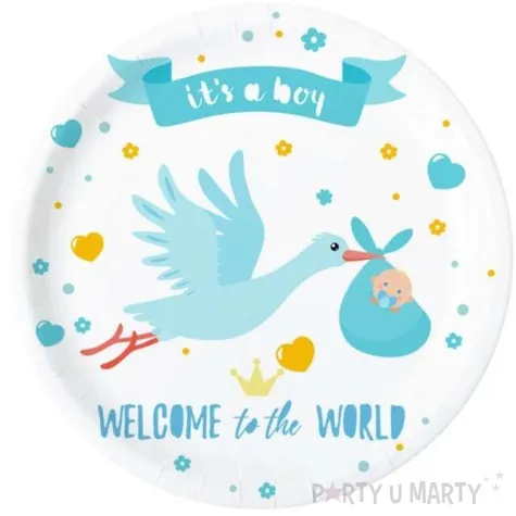 talerzyki papierowe its a boy bocian z dzieckiem bialo niebieski partypal 18 cm 6 szt