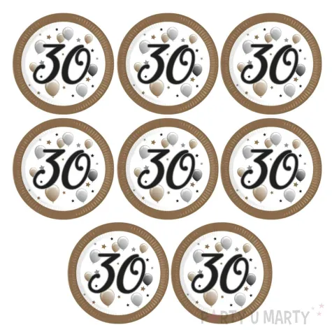 talerzyki papierowe jednorazowe dekoracja na urodziny liczba 30 bialo zlote 23 cm 8 szt