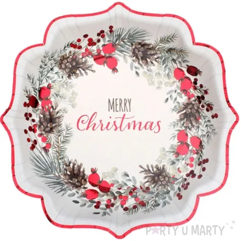 talerzyki papierowe merry christmas ostrokrzew z czerwonymi owocami santex 21 cm 10 szt