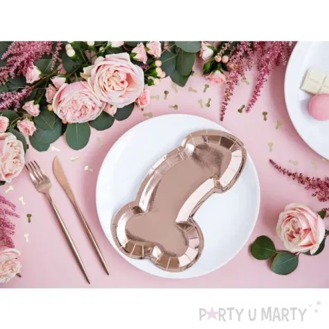 talerzyki papierowe penisek willy rozowe zlote 26 5 x 15 5cm partydeco