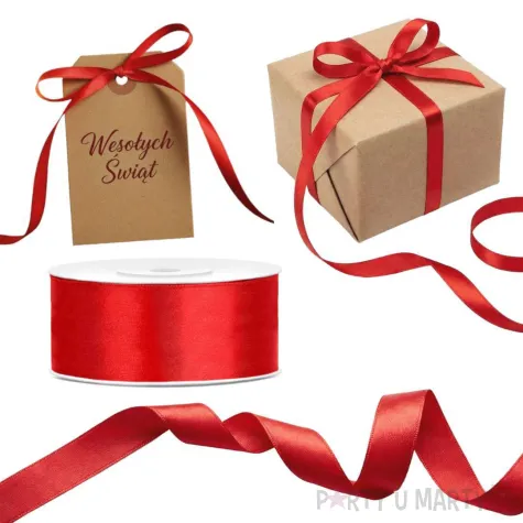 tasiemka satynowa dekoracyjna do prezentow na boze narodzenie swieta wesele urodziny czerwona 25 mm