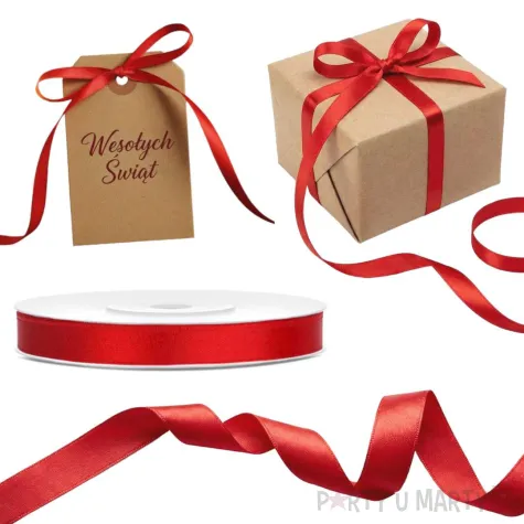 tasiemka satynowa dekoracyjna do prezentow na boze narodzenie swieta wesele urodziny czerwona 6mm