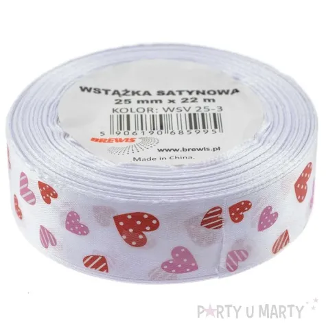tasiemka satynowa serca w kropki i paski bialy brewis 25 mm 22 m