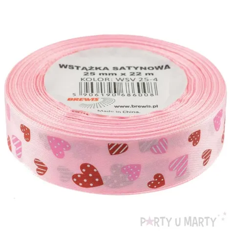 tasiemka satynowa serca w kropki i paski rozowy brewis 25 mm 22 m