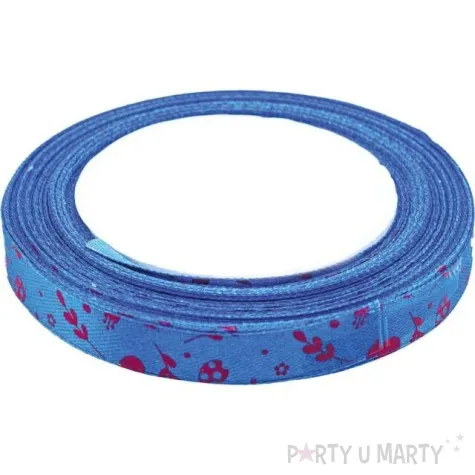 tasiemka satynowa swiateczna bazie i kwiatki niebieska brewis 12 mm 22 m