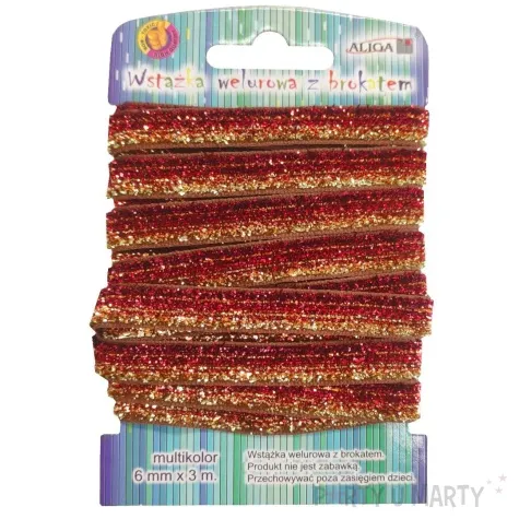 tasiemka welurowa brokatowa czerwono zloty aliga 3 m