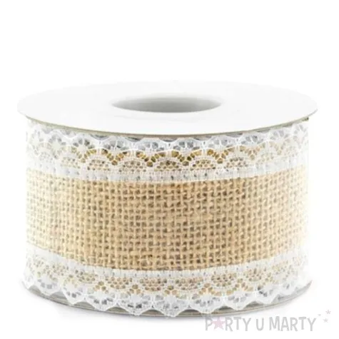 tasma dekoracyjna jutowa z koronka 2 brazowa partydeco 500 x 5 cm