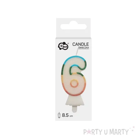 teczowa swieczka tortowa cyfra 6 brokat dekoracja na urodziny rocznice godan 8 5 cm