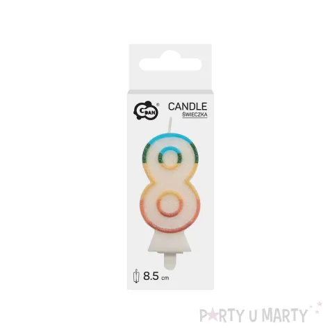 teczowa swieczka tortowa cyfra 8 brokat dekoracja na urodziny rocznice godan 8 5 cm