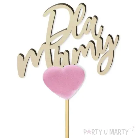 topper drewniany dla mamy z rozowym sercem 19 cm