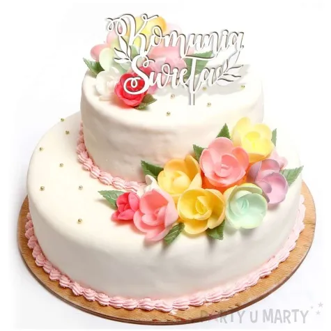 topper laminowany pierwsza komunia sw listki bialy 14 x 15 cm