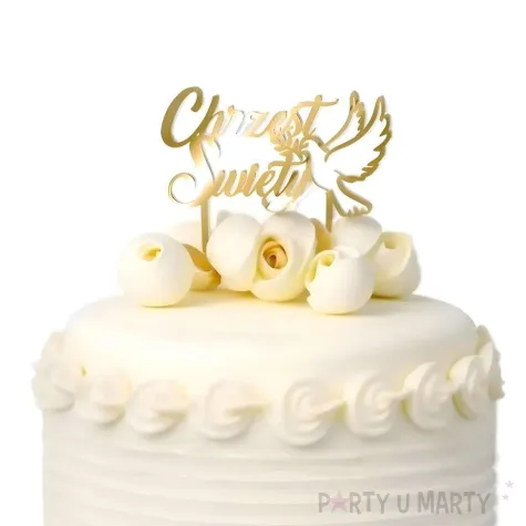 topper na tort golebica dekoracja na chrzest swiety zloty lustrzany 16 5 cm