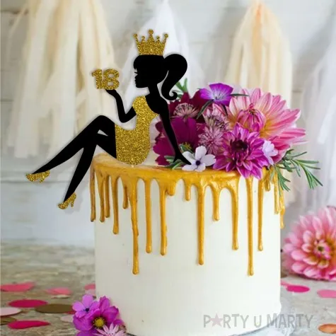 topper papierowy 18 urodziny hot laska czarny zloty brokat 14 x 19 cm