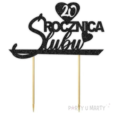topper papierowy 20 rocznica slubu czarny brokat 15 5 x 17 5 cm