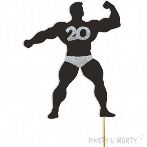 topper papierowy 20 urodziny hot man kulturysta czarny srebrny brokat 11 5 x 20 cm