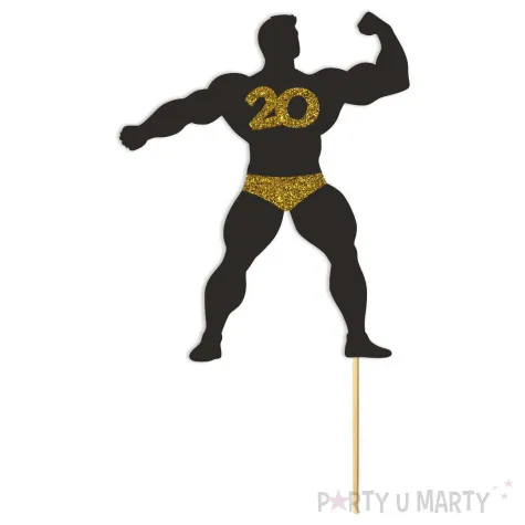 topper papierowy 20 urodziny hot man kulturysta czarny z oty brokat 11 5 x 20 cm