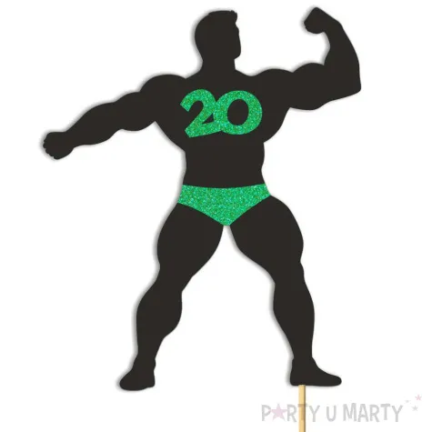 topper papierowy 20 urodziny hot man kulturysta czarny zielony brokat 11 5 x 20 cm