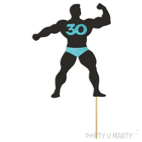 topper papierowy 30 urodziny hot man kulturysta czarny niebieski brokat 11 5 x 20 cm