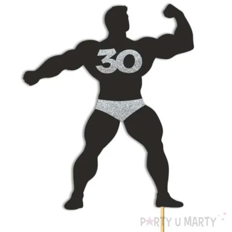 topper papierowy 30 urodziny hot man kulturysta czarny srebrny brokat 11 5 x 20 cm