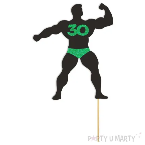 topper papierowy 30 urodziny hot man kulturysta czarny zielony brokat 11 5 x 20 cm