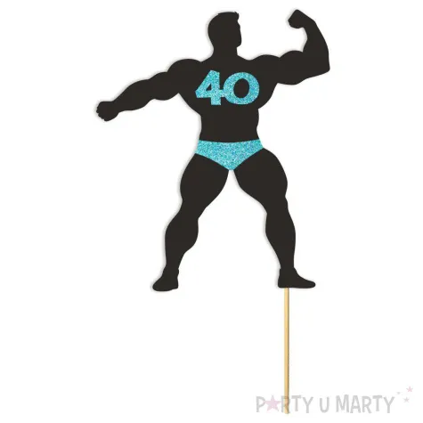 topper papierowy 40 urodziny hot man kulturysta czarny niebieski brokat 11 5 x 20 cm