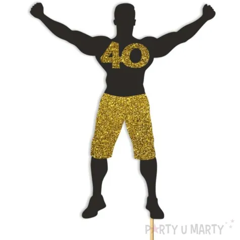 topper papierowy 40 urodziny hot man silacz czarny zloty brokat 12 x 19 cm