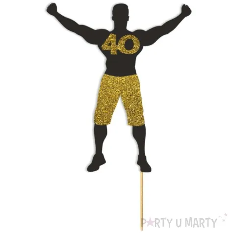 topper papierowy 40 urodziny hot man silacz czarny zloty brokat 12 x 19 cm