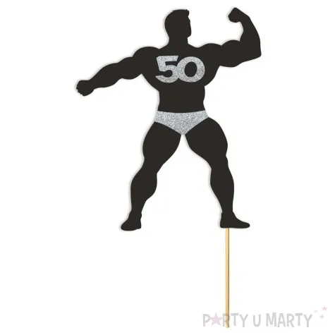 topper papierowy 50 urodziny hot man kulturysta czarny srebrny brokat 11 5 x 20 cm