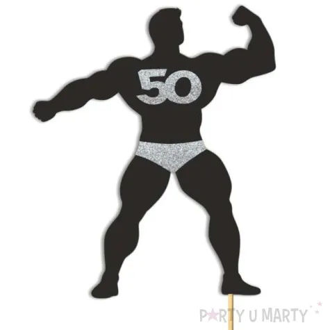 topper papierowy 50 urodziny hot man kulturysta czarny srebrny brokat 11 5 x 20 cm