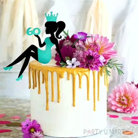 topper papierowy 60 urodziny hot laska czarny turkusowy brokat 14 x 19 cm