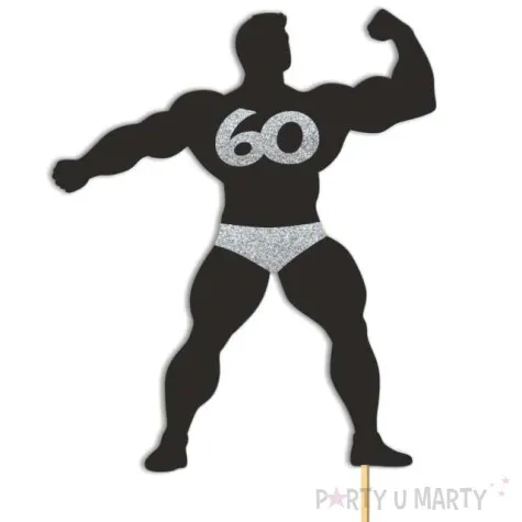 topper papierowy 60 urodziny hot man kulturysta czarny srebrny brokat 11 5 x 20 cm