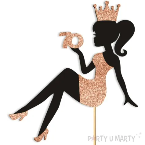 topper papierowy 70 urodziny hot laska czarny rose gold brokat 14 x 19 cm