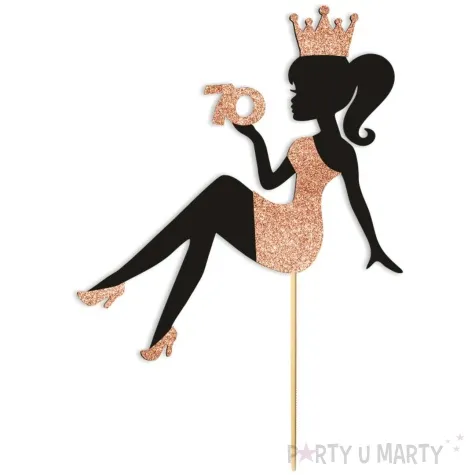 topper papierowy 70 urodziny hot laska czarny rose gold brokat 14 x 19 cm