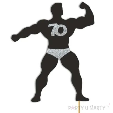 topper papierowy 70 urodziny hot man kulturysta czarny srebrny brokat 11 5 x 20 cm