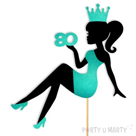 topper papierowy 80 urodziny hot laska czarny turkusowy brokat 14 x 19 cm