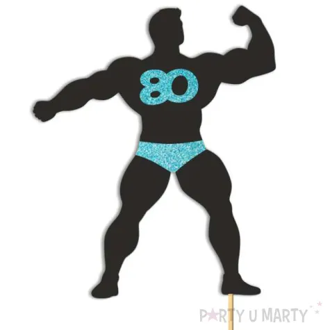 topper papierowy 80 urodziny hot man kulturysta czarny niebieski brokat 11 5 x 20 cm