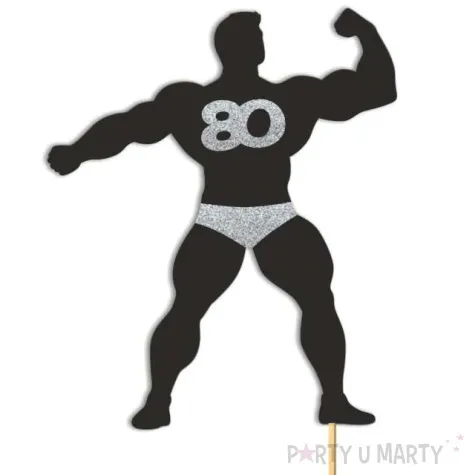 topper papierowy 80 urodziny hot man kulturysta czarny srebrny brokat 11 5 x 20 cm