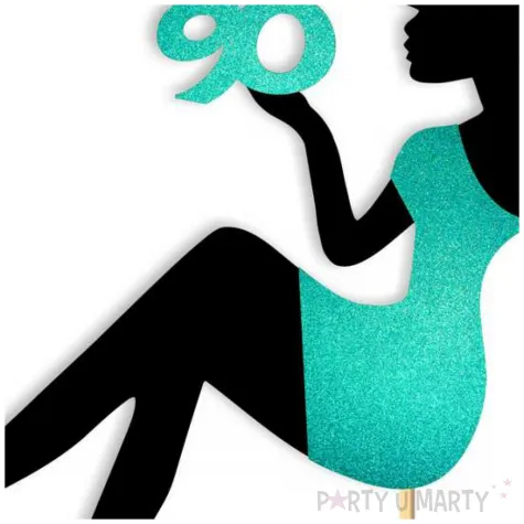 topper papierowy 90 urodziny hot laska czarny turkusowy brokat 14 x 19 cm