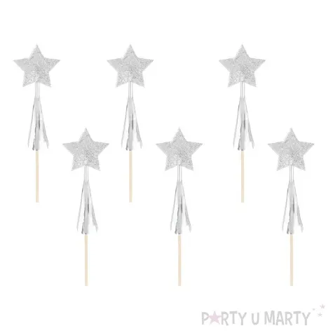 topper papierowy gwiazdki z fredzlami srebrny brokat partypal 11 cm 6 szt