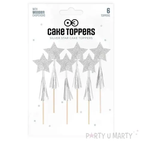 topper papierowy gwiazdki z fredzlami srebrny brokat partypal 11 cm 6 szt