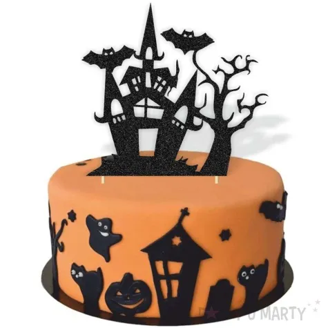 topper papierowy halloween zamek czarny brokat 15x20 cm